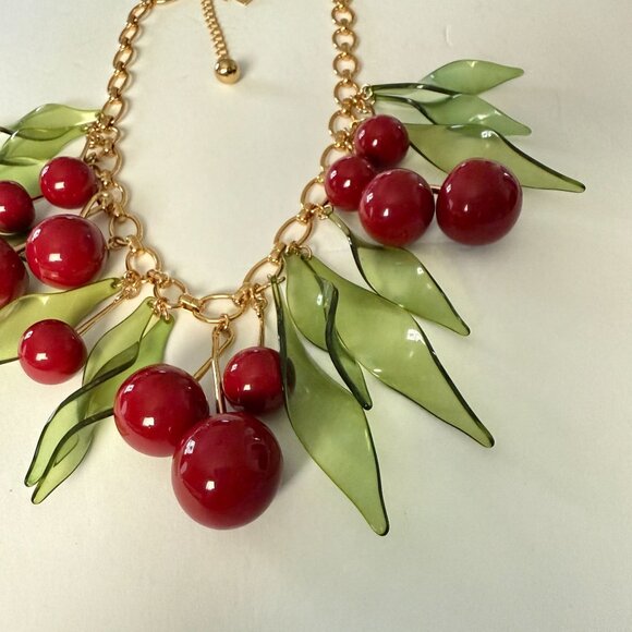 NWOT Rare Kate Spade Ma Cherie Gold Red Green Acrylic Cherry Statement Necklace - Picture 9 of 15